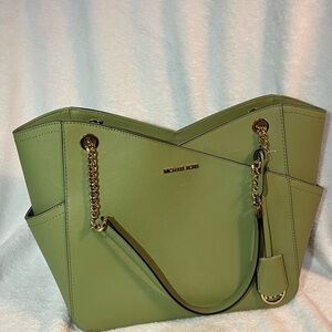 Michael Kors Olive Saffiano Tote with Gold Chain Handles